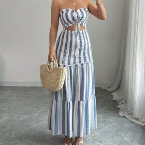 Blue And White Boho Women's Wrap Bust Striped Tie Waist Strapless Maxi Dress